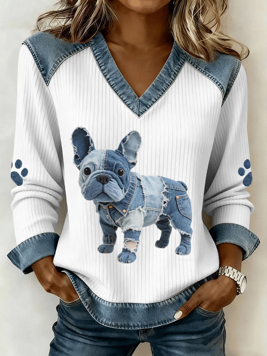 Elmont | Women's Patchwork Denim V-Neck Long-Sleeve Top