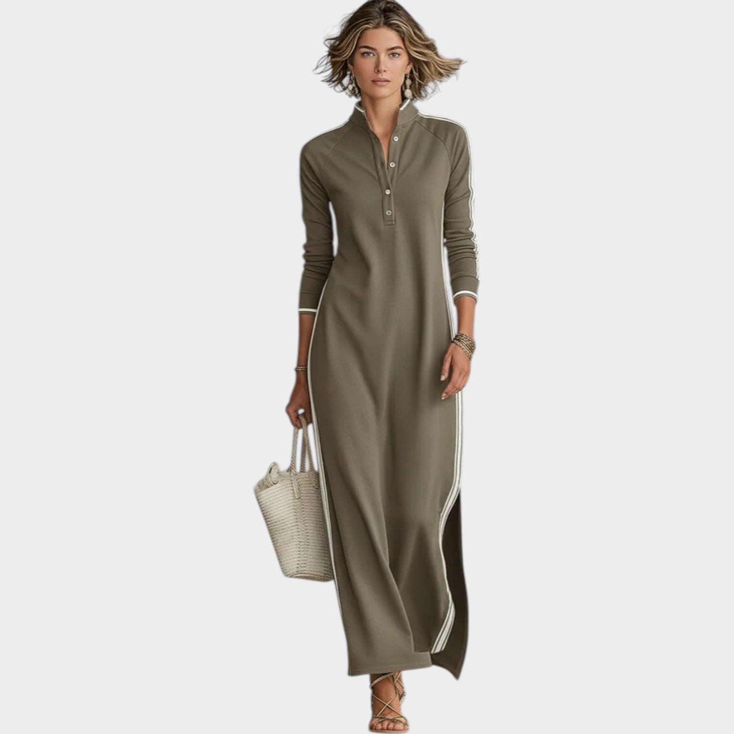 Harper | Long-Sleeve Maxi Dress with Stand Collar and Button Placket