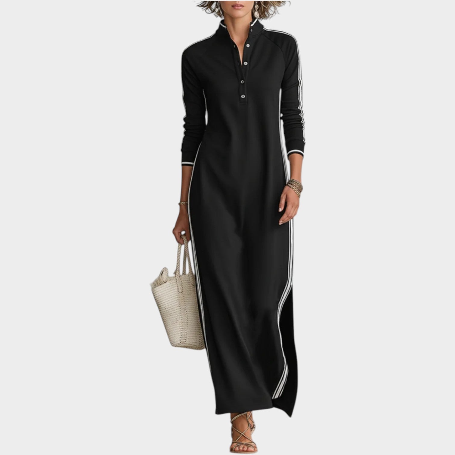 Harper | Long-Sleeve Maxi Dress with Stand Collar and Button Placket